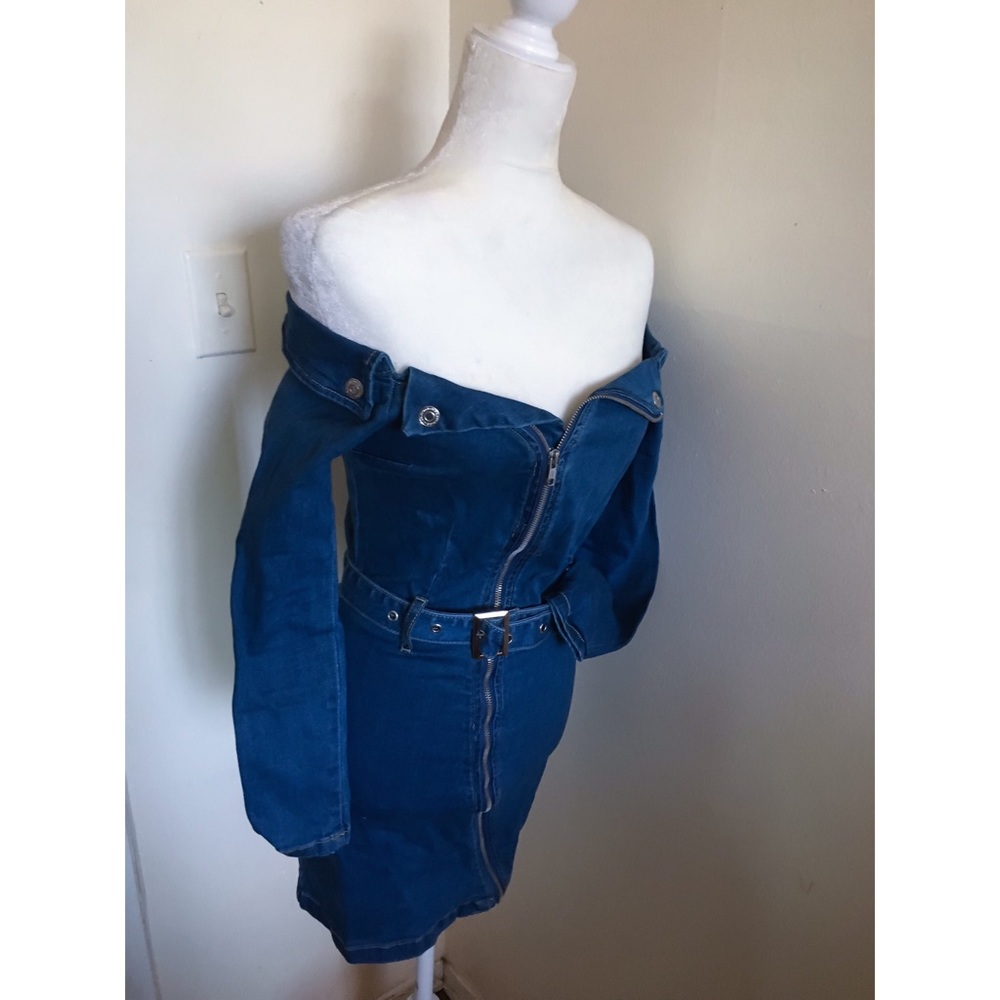 Denim Zip Front Bardot Mini Dress - Picture 2 of 7